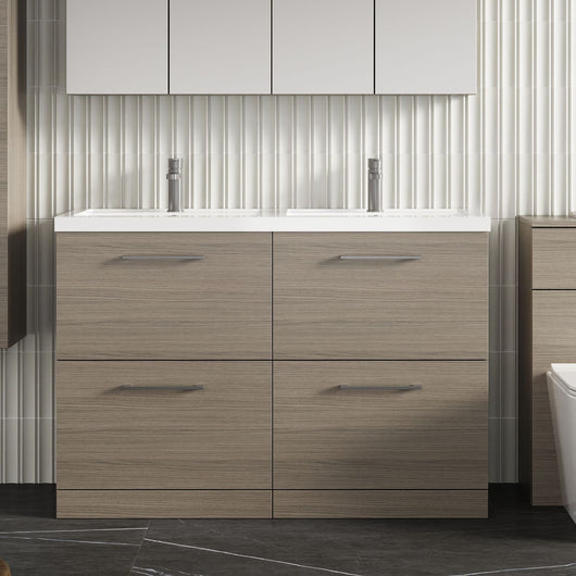  Nuie Arno 1200mm Floor Standing 4-Drawer Vanity & Double Polymarble Basin - Grey Vicenza Oak