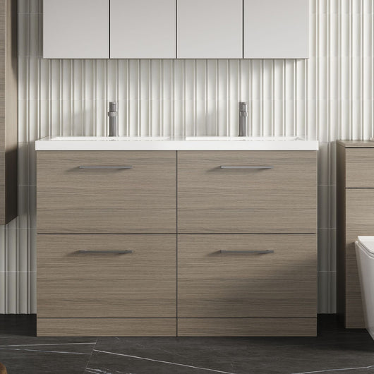  Nuie Arno 1200mm Floor Standing 4-Drawer Vanity & Double Ceramic Basin - Grey Vicenza Oak - welovecouk