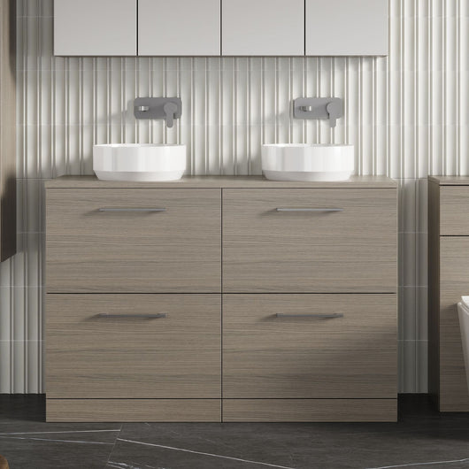  Nuie Arno 1200mm Floor Standing 4-Drawer Vanity & Worktop - Grey Vicenza Oak - welovecouk