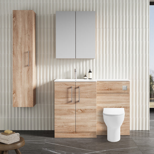  Nuie Arno L-Shaped 1100 Floor Standing Solid Stone Basin Combination Unit - Bleached  Oak with Freya Toilet - welovecouk