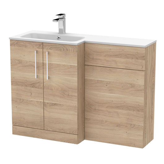  Nuie Arno Floor Standing 1100mm L Shape Combination Unit with Solid Stone Basin - Bleached Cuneo Oak - welovecouk