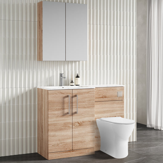  Nuie Arno L-Shaped 1100 Floor Standing Marble Stone Basin Combination Unit - Bleached  Oak with Freya Toilet - welovecouk