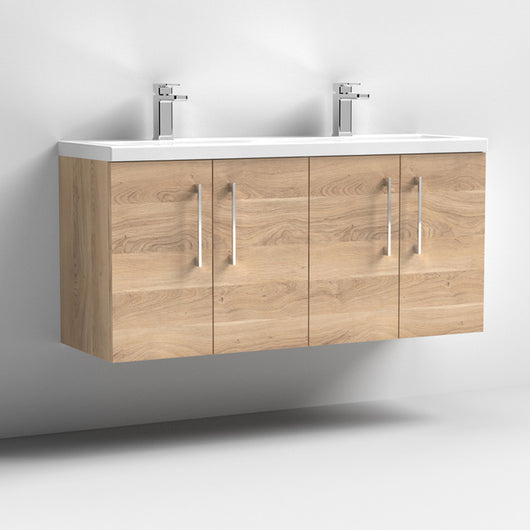  Nuie Arno 1200mm Wall Hung 4-Door Vanity & Double Basin 2 - Bleached Oak