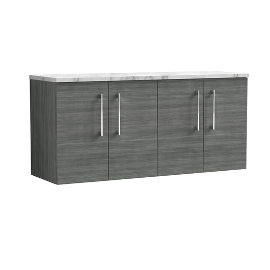  Nuie Arno 1200mm Wall Hung 4-Door Vanity & Laminate Worktop - Anthracite Woodgrain (Carrera Marble Worktop)