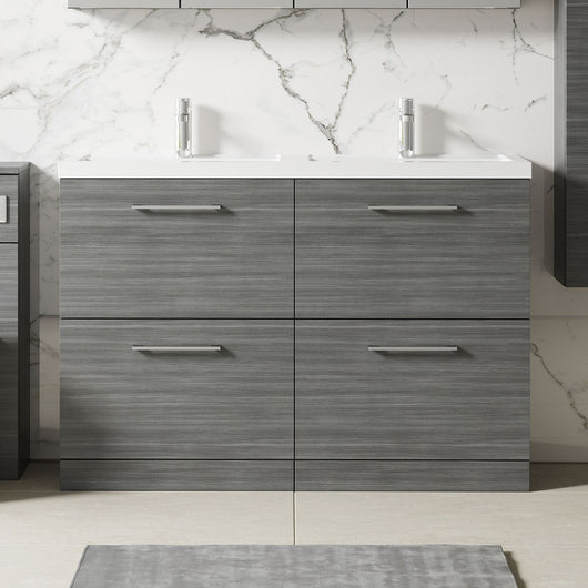  Nuie Arno 1200mm Floor Standing 4-Drawer Vanity & Double Polymarble Basin - Anthracite Woodgrain