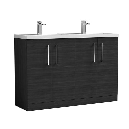  Ryker 1200mm Floor Standing 4 Door Vanity & Double Polymarble Basin - Black Woodgrain