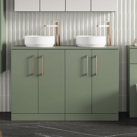  Nuie Arno 1200mm Floor Standing 4-Door Vanity & Worktop - Satin Green - welovecouk