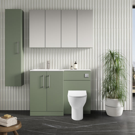  Nuie Arno L-Shaped 1100 Floor Standing Solid Stone Basin Combination Unit - Satin Green with Freya Toilet - welovecouk