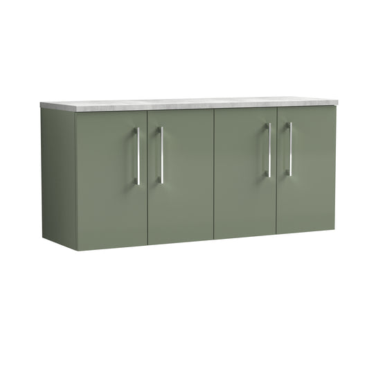  Nuie Arno 1200mm Wall Hung 4-Door Vanity & Laminate Worktop - Satin Green (Bellato Grey Worktop)