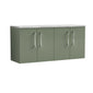 Nuie Arno 1200mm Wall Hung 4-Door Vanity & Laminate Worktop - Satin Green (Bellato Grey Worktop)