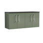 Nuie Arno 1200mm Wall Hung 4-Door Vanity & Laminate Worktop - Satin Green (Black Worktop)