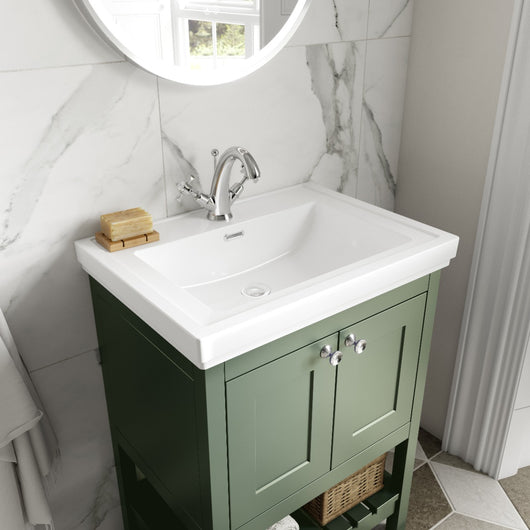  Bexley 600 Floor Standing 2-Door Vanity Unit & Classic Basin 1 Tap Hole - Matt Green