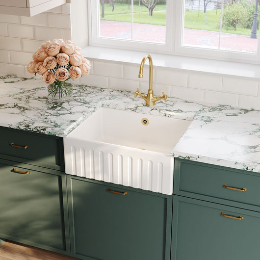  Nuie Fireclay Butler Fluted Sink with Overflow Bowl 595 x 450 - White