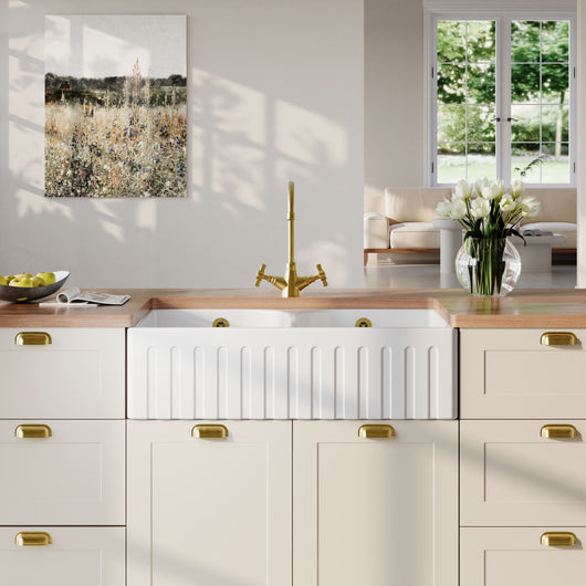  Nuie Fireclay Butler Flush Weir Sink with Overflow 795 x 500 - Fluted White