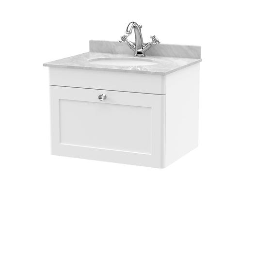  Classique 600mm Wall Hung 1 Drawer Unit & Marble Top 1TH - Satin White