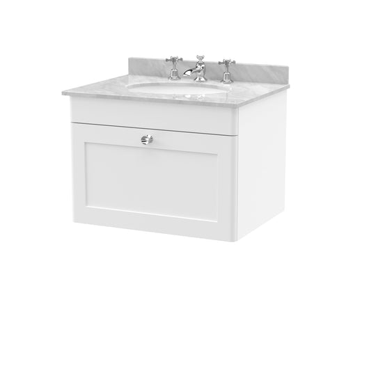  Classique 600mm Wall Hung 1 Drawer Unit & Marble Top 3TH - Satin White