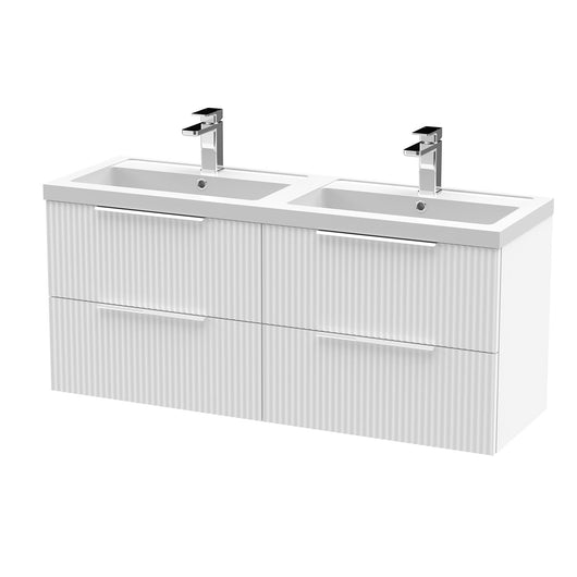  Hudson Reed Fluted 1200 Wall Hung 4-Drawer Double Basin Vanity Unit - Satin White