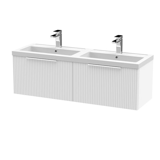  Hudson Reed Fluted 1200 Wall Hung 2-Drawer Double Basin Vanity Unit - Satin White