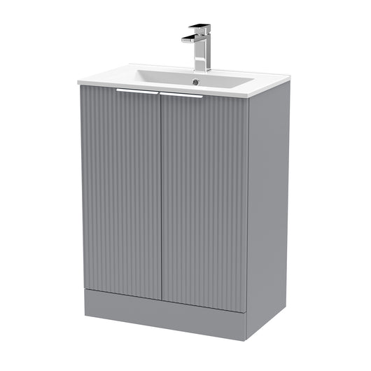  Hudson Reed Fluted 600mm Floor Standing 2-Door Basin Vanity Unit - Satin Grey