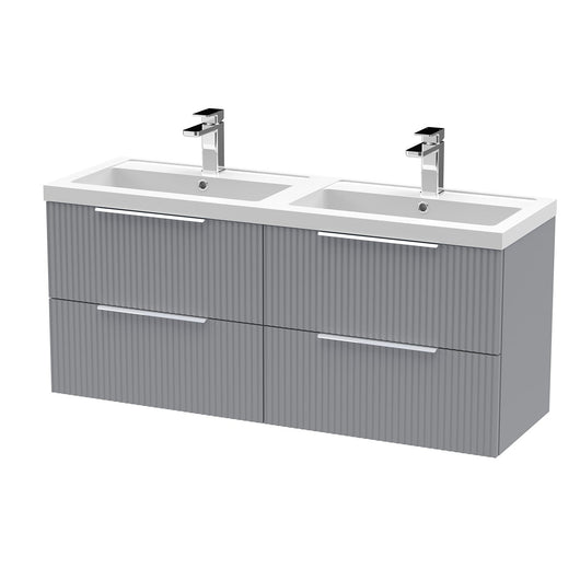  Hudson Reed Fluted 1200 Wall Hung 4-Drawer Double Basin Vanity Unit - Satin Grey