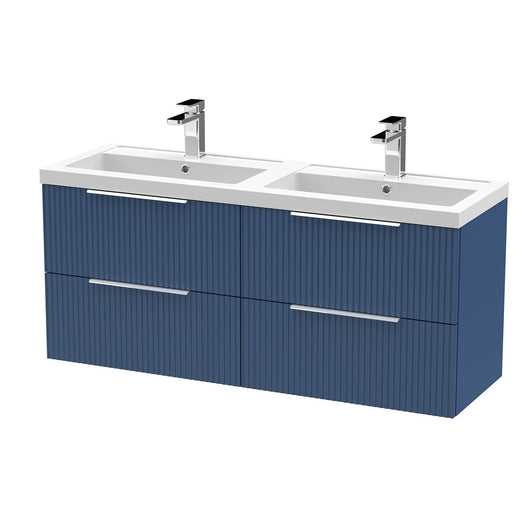  Hudson Reed Fluted 1200 Wall Hung 4-Drawer Double Basin Vanity Unit - Satin Blue