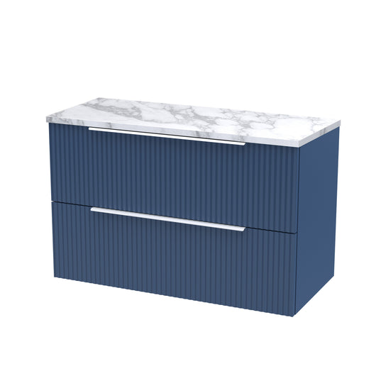  Hudson Reed Fluted 800mm Wall Hung 2-Drawer Vanity & Laminate Worktop - Satin Blue