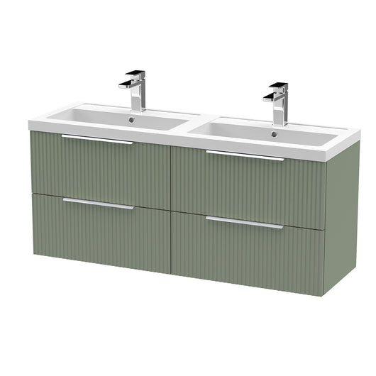  Hudson Reed Fluted 1200 Wall Hung 4-Drawer Double Basin Vanity Unit - Satin Green
