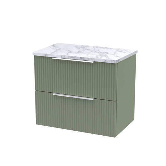  Hudson Reed Fluted 600mm Wall Hung 2-Drawer Vanity & Laminate Worktop - Satin Green