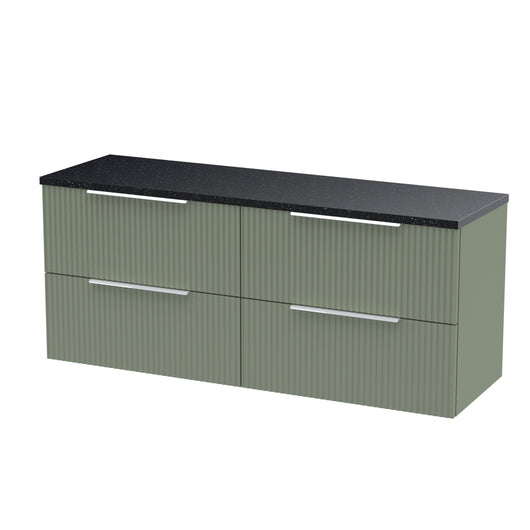  Hudson Reed Fluted 1200mm Wall Hung 4-Drawer Vanity & Laminate Worktop - Satin Green