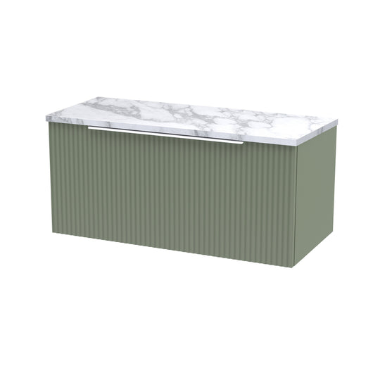  Hudson Reed Fluted 800mm Wall Hung Single Drawer Vanity & Laminate Worktop - Satin Green