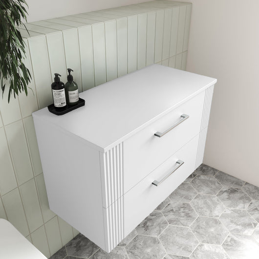  Nuie Deco 800mm Wall Hung 2-Drawer Vanity & Worktop - Satin White - welovecouk