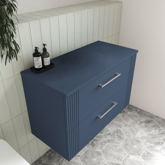  Nuie Deco 800mm Wall Hung 2-Drawer Vanity & Worktop - Satin Blue - welovecouk