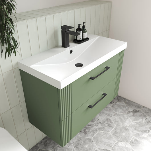  Nuie Deco 800mm Wall Hung 2-Drawer Vanity & Basin 3 - Satin Green - welovecouk