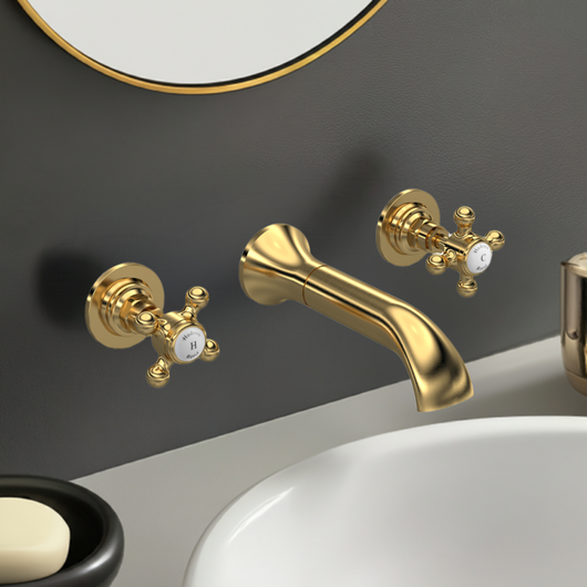  Hudson Reed Brass Topaz With Crosshead 3 Tap Hole Wall Mounted Basin Mixer - Brushed Brass