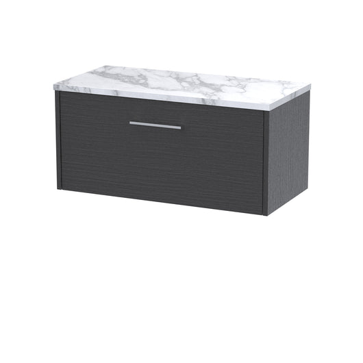  Hudson Reed Juno 800 Wall Hung Single Drawer Vanity & Laminate Worktop - Graphite Grey Woodgrain