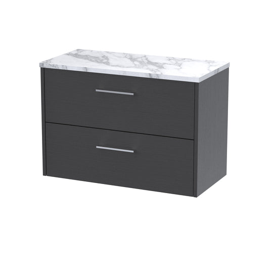  Hudson Reed Juno 800 Wall Hung 2-Drawer Vanity & Laminate Worktop - Graphite Grey Woodgrain