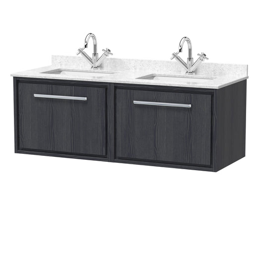  Hudson Reed Lille 1200mm Wall Hung 2-Drawer Vanity Unit with Marble Double Basin - Graphite Grey Woodgrain