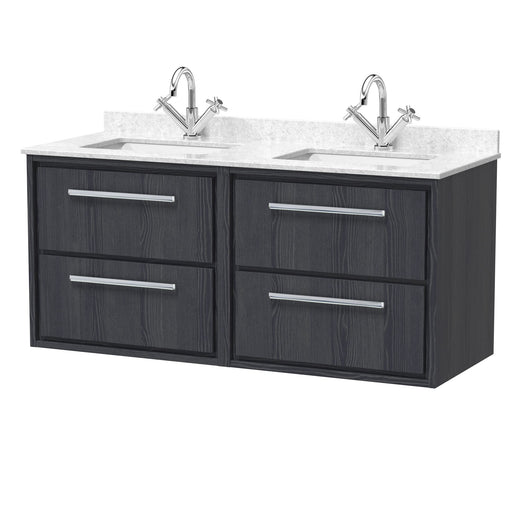  Hudson Reed Lille 1200mm Wall Hung 4-Drawer Vanity Unit with Marble Double Basin - Graphite Grey Woodgrain