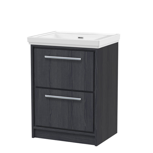  Hudson Reed Lille 600mm Floor Standing 2 Drawer Vanity Unit & Basin - Graphite Grey Woodgrain