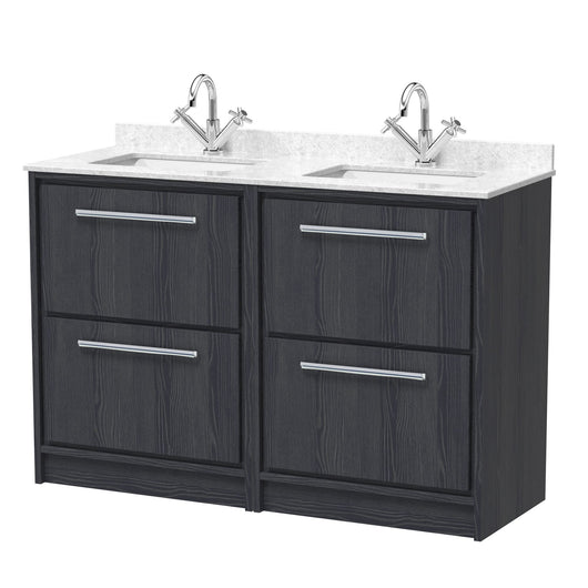  Hudson Reed Lille 1200mm Floor Standing 4-Drawer Vanity Unit with Marble Double Basin - Graphite Grey Woodgrain