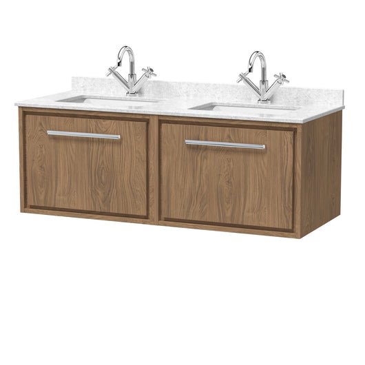  Hudson Reed Lille 1200mm Wall Hung 2-Drawer Vanity Unit with Marble Double Basin - Antique Oak