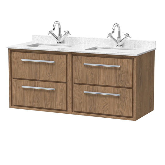  Hudson Reed Lille 1200mm Wall Hung 4-Drawer Vanity Unit with Marble Double Basin - Antique Oak