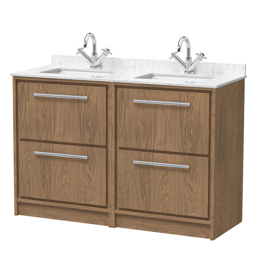  Hudson Reed Lille 1200mm Floor Standing 4-Drawer Vanity Unit with Marble Double Basin - Antique Oak