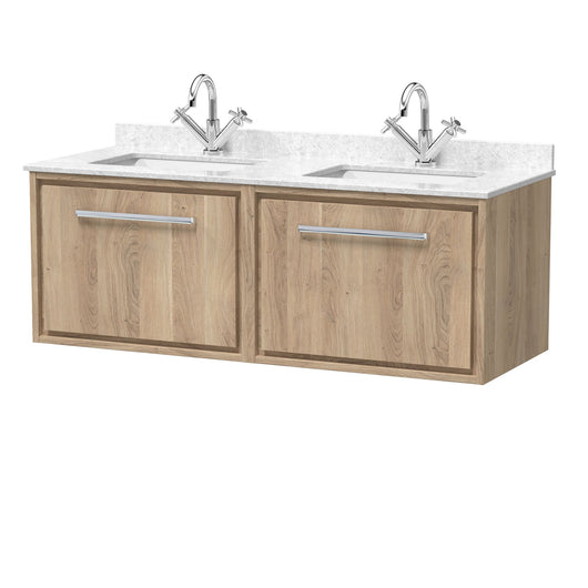  Hudson Reed Lille 1200mm Wall Hung 2-Drawer Vanity Unit with Marble Double Basin - Bleached Oak