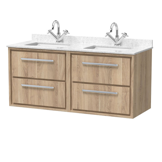  Hudson Reed Lille 1200mm Wall Hung 4-Drawer Vanity Unit with Marble Double Basin - Bleached Oak