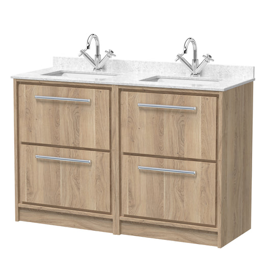  Hudson Reed Lille 1200mm Floor Standing 4-Drawer Vanity Unit with Marble Double Basin - Bleached Oak