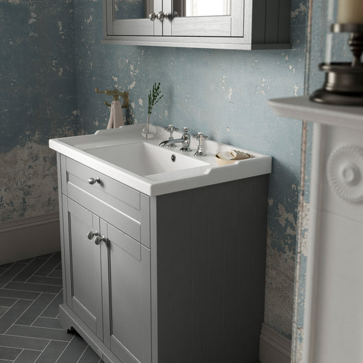  Old London 600mm 2-Door Vanity Unit & Ceramic 3 Tap Hole Basin - Storm Grey - welovecouk