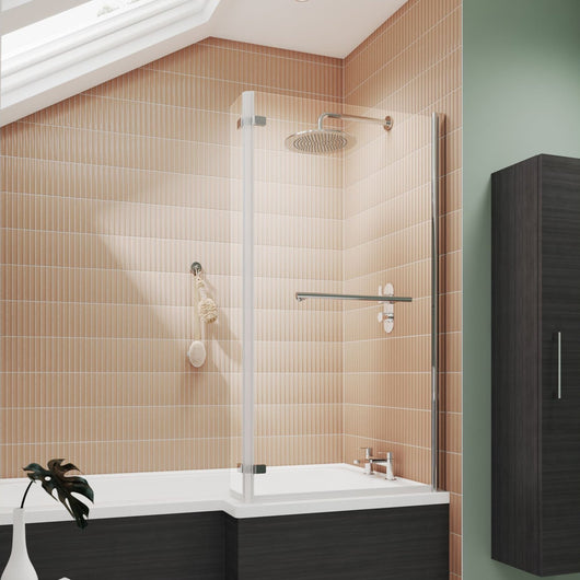  Nuie Pacific L-Shaped Bath Screen Hinged With Rail - Polished Chrome