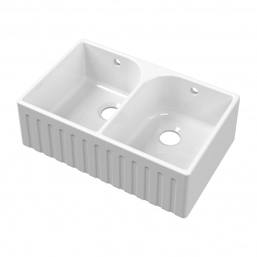  Nuie Butler Fireclay Deco FW Kitchen Sink with 2 Overflow Bowl 795mm L x 500mm W - White