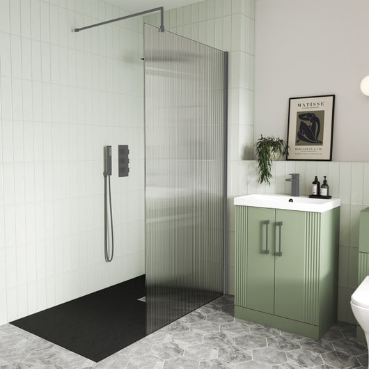  Nuie Fluted Wet Room Screen 1850mm High with Support Bar 8mm Glass - Brushed Pewter